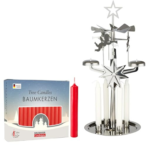 BRUBAKER Lichter Glockenspiel aus Metall inkl. 20er Pack Kerzen Rot - Karussell Kerzenhalter mit Engeln - Drehende Tischpyramide - Kerzenständer Pyramide Weihnachten - Weihnachtspyramide Silber