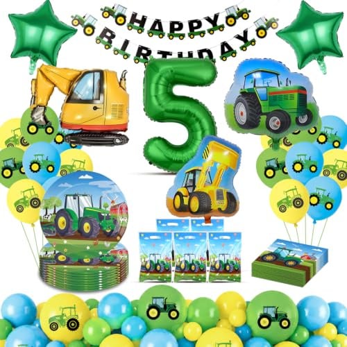 Fizdoqg Geburtstagsdeko Junge 5 Jahre Traktor Party Deko Trecker Geburtstag | mit Banner Luftballon Partygeschirr Servietten Geschenktüten für Party Deko, Kindergeburtstag Decorations