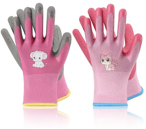 HYRKOTW 2 Paia Guanti da Giardinaggio per Bambini 3-5 Anni, Antiscivolo e Traspiranti in Lattice, Guanti da Lavoro per Attività Outdoor, Rosa