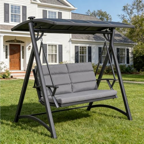 Outdoor Patio Porch Swing with Adjustable PVC Canopy, Porch Swing 2 Person Patio Swing Chair with Seat Cushion, Anti-Slip Foot Pads for Garden Backyard Porch Lawn