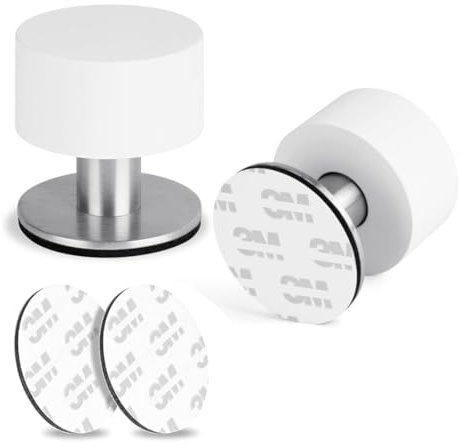 2-Pack White Door Stop, Stainless Steel Self-Adhesive Rubber Door stoppers, Sound Reducing Wall and Floor Protectors for Home and Office Use, Includes Extra Adhesive Stickers