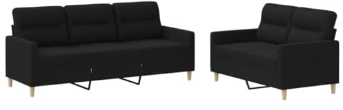 Yamxder 2-TLG. Sofagarnitur Schwarz Stoff 138/198 cm Breit Modernes Zweisitzer & Dreisitzer Sofa mit Kissen Robustes Holz-Metall-Gestell Bequeme Polsterung für Wohnzimmer kleine Räume