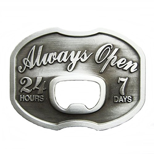 AW-Collection Gürtelschnalle Buckle Gürtelschliesse mit Flaschenöffner Always Open 24 hours, Silber, 9 x 6,8 cm