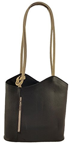 Freyday 2 in 1 Handtasche Rucksack Henkeltasche aus Echtleder in versch. Designs HR03 (Glattleder Schwarz-Beige)
