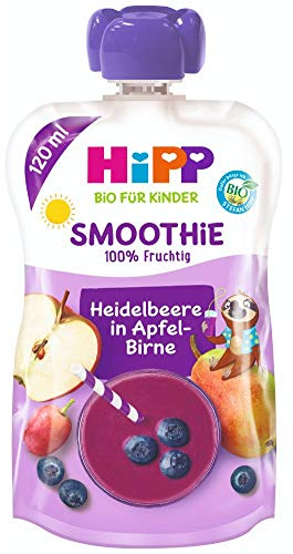 HiPP Smoothie Mix im Quetschbeutel, Heidelbeere in Apfel-Birne, 100% Bio-Früchte ohne Zuckerzusatz, 6 x 120 ml Beutel