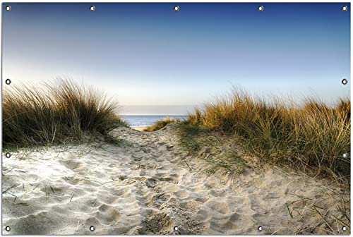 Wallario Outdoor-Poster für Garten oder Balkon Weg durch die Dünen zum Strand am Meer, Motivbanner Größe: ca. 120 x 180 cm, Outdoor-Bild