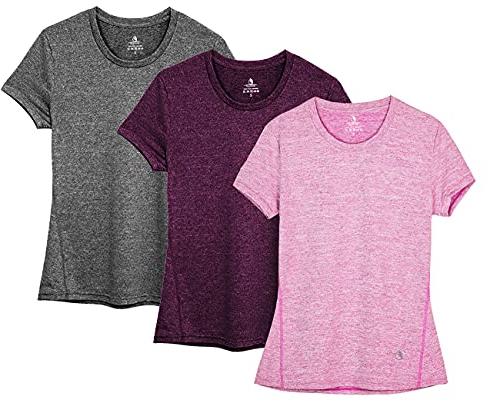icyzone Women's Workout Running T-Shirt Activewear Yoga Gym Short Sleeve Tops Sports Shirts, 3-Pack (L, Charcoal/Red Bud/Pink)
