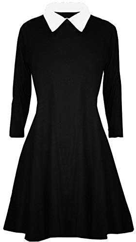 Fashion Star Womens Swing Dress Ladies Peter Pan Collar Long Sleeve Mini Skater Flared Dress Black