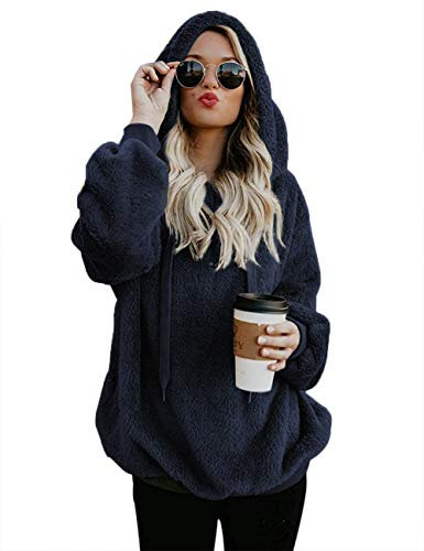 iWoo, felpa da donna in pile, pullover con cappuccio, tasche e cerniera 1/4, casual, soffice, calda ed elegante, tinta unita