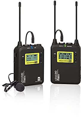 LENSGO Système de Microphone Lavalier sans Fil, LWM-328C Micro Cravate sans Fil Omnidirectionnel UHF 99 Canaux Professionnel avec 1 Émetteur & 1 Récepteur pour Canon Nikon DSLR Camera Smartphone