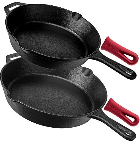 cuisinel 25,4 cm + 30,5 cm Gusseisenpfannen – vorgebranntes Bratpfannen-Set + Silikongriffe + Pfannenschaber – Backofen-Kochgeschirr-Set + Zubehör + Griffhilferschlaufe – 2024