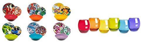 Excelsa Kimono Servizio di Piatti 18 Pezzi, Porcellana e Ceramica, Multicolore & San Josè Set 6 Bicchieri Acqua, Vetro, Multicolore