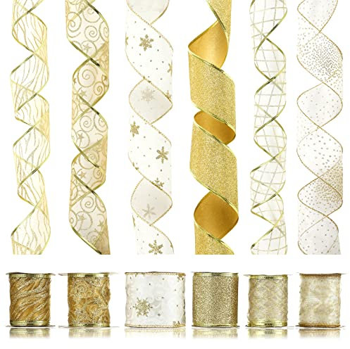 LIHAO 6 Rollen Geschenkband Golden Organzaband Weihnachten Schleifenband 6.5cm * 6m Geschenkverpackung Hochzeit Dekoband Geburtstag Blumenschmuck Weihnachtsband Christbaumschmuck