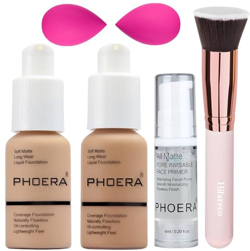 PHOERA Foundation, PHOERA Make-up für Frauen, PHOERA Matte Liquid Foundation mit voller Deckkraft, PHOERA Primer, PHOERA Concealer(104 Buff Beige + 105 Sand)
