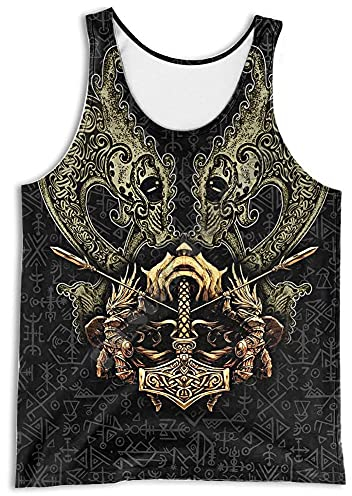 WDBAYXH Herren Nordische Keltische Fenrir Wolf/Dragon Runes 3D Print Vintage Tanktops,Viking Thors Hammer/Raven Mesh Schnelltrocknende Ärmellose T-Shirts,Muscle Athletic Vest Workout Shirt,Mjolnir,L