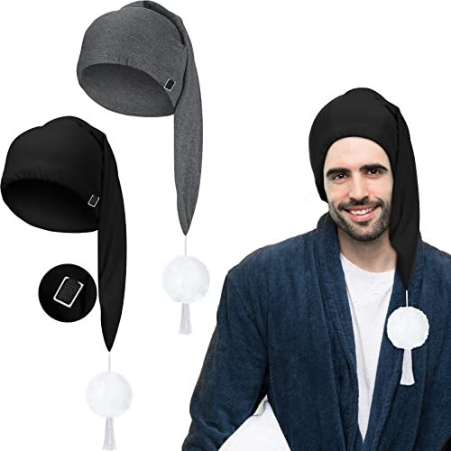 Nachtmütze 2 Stück Schlafmütze für Männer Verstellbare Strumpfmütze Kordelzug Kostüm Nachtmütze Schlafmütze mit Pom Ball und Quaste für Weihnachten Halloween (Schwarz, Grau)