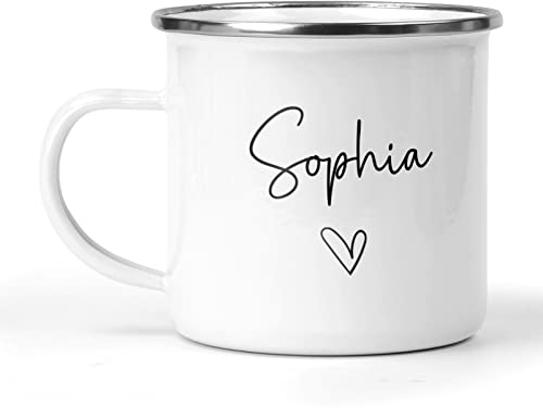 Personalised Enamel Mug with Name & Heart, Custom Valentines Day Gift, Valentine's Day Mug, Galentines Day Present, Gift for Her, Girlfriend Gift, Wife, Cup