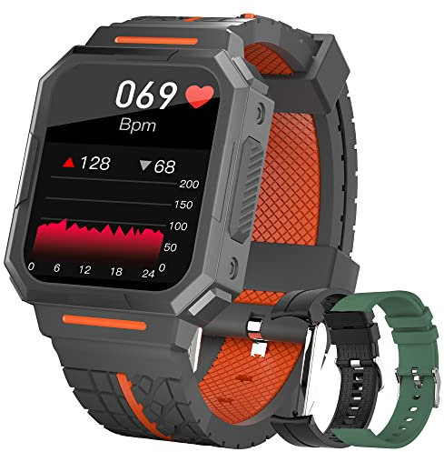 DREAMWIN Montre Connectée Homme Femmes, Smartwatch Etanche avec Tensiomètre, Cardiofréquencemètre, Podomètre,Trackers d'activité, 22 Modes Sportifs Montre de Sport de Plein air Homme (Orange Noir)