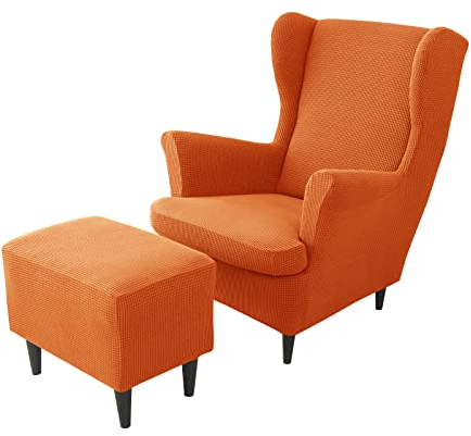 JHLD Stretch Husse für Ohrensessel Mit Ottomane Schonbezug, 2 Stück Jacquard Hockerbezug für Hunde Katzen - Orange - 3 Stück