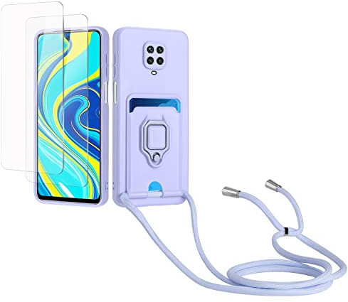 Kaslly Funda con Cuerda para Redmi Note 9 Pro/Note 9 Pro MAX/Note 9S+[2 Pack Protector Pantalla],Case con Ranura para Tarjetas,Cubierta de Cámara Deslizante Proteger,Doble Cara Protección-Púrpura