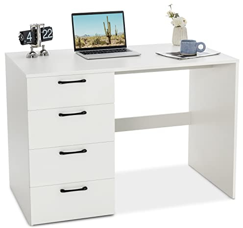 COSTWAY Schreibtisch mit 4 Schubladen, Home Office Computertisch klein, Kinderschreibtisch, moderner Bürotisch, PC-Tisch für Schlafzimmer, Arbeitszimmer, Büro, weiß, 110 x 60 x 76 cm