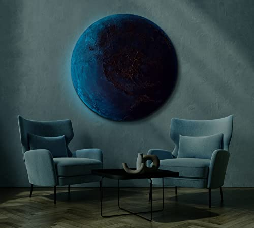YS-Art Abstrakt Fluoreszierendes selbst leuchtendes Acryl 3D Gemälde auf runder Leinwand Neptun handgemalt modern Wohndekor Kinder Bild echte Kunst 100 cm
