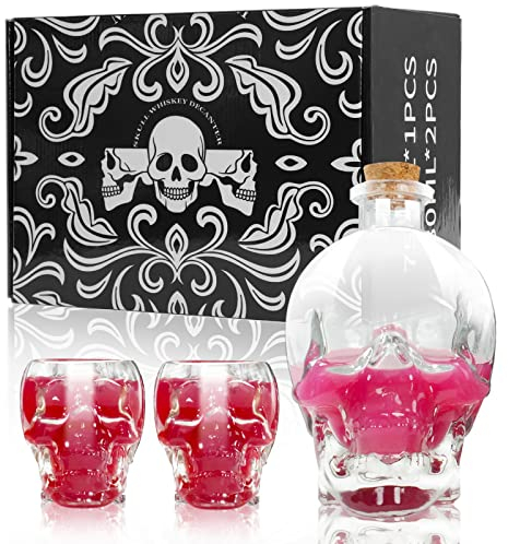 Ensemble carafe à décanter en cristal de 750 ml avec 2 têtes de mort pour whisky, vin, squelettes gothiques, décoration d'Halloween