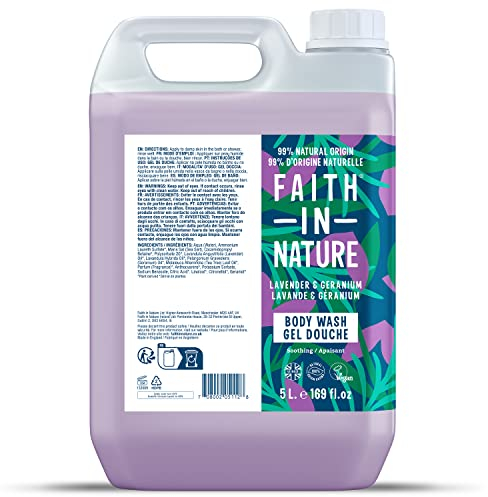 Gel Douche & Bain Naturel Lavande & Géranium Faith In Nature, Apaisant, Vegan & Cruelty Free, Sans Parabènes & SLES, Recharge de 5L