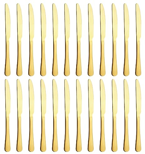 BEWOS Gold Knife Set of 24, (23cm) Knife Set, Butter Knife, Knives Made of Stainless Steel, Highly Polished Knife, Matte Gold Dinner Knives for Home, Restaurant, Hotel, Dishwasher Safe, Polished