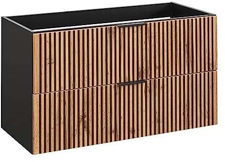 Lomadox Waschtischunterschrank 100 cm Waschbeckenunterschrank Unterschrank Badschrank Schubladen anthrazit mit Eiche Nb. Schwarze Rillen 100x57x46 cm
