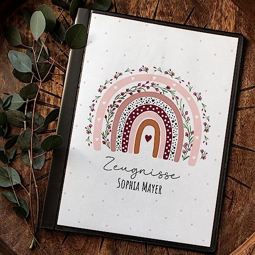 Zeugnismappe 10er 20er Hülle Deckblatt A4 Regenbogen rosa Blumen personalisierbar Schulanfang Einschulung Wunschname Name zm43 - ausgewählte Größe: *Zeugnismappe 20 Folien*