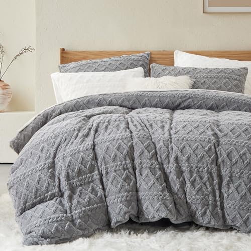 Lanqinglv Plüsch Bettwäsche 200x220 Grau Fleece Flanell Flauschig Winterbettwäsche Sherpa Warme Getuftet Cashmere Touch Kuschelige Bettbezug mit Reißverschluss und 1 Kissenbezug 80x80 cm