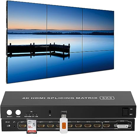 4-in9-out HDMI Video Wall Controller 3x3, HDMI & DVI & USB & SD Support 4K Input TV Wall Controller,13 einstellbare Anzeigemodi 3X3/3X2/2X3/4X2/2X2/2X1/3X1/1X4