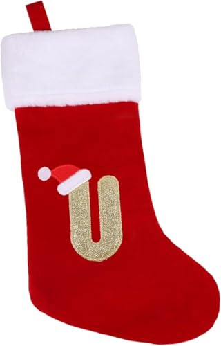 VEYLIN Embroidered Plush Christmas Stockings with Letters, 20 Inch Red Letter(U) for Kids/Adult