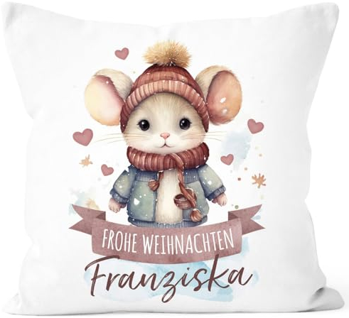 SpecialMe® Kissen-Bezug Weihnachten Tier-Motive personalisiert mit Namen Namenskissen Geschenk für Jungen und Mädchen Baby Maus weiß Standard
