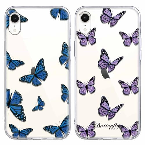 Yoedge 2 Pack Transparent Phone Case for iPhone XR 6,1, Ultrathin Soft Silicone with Aesthetics Pattern, Shockproof Bumper Protector Matte Clear Cover for iPhone XR, Girls And Women Purple Butterfly