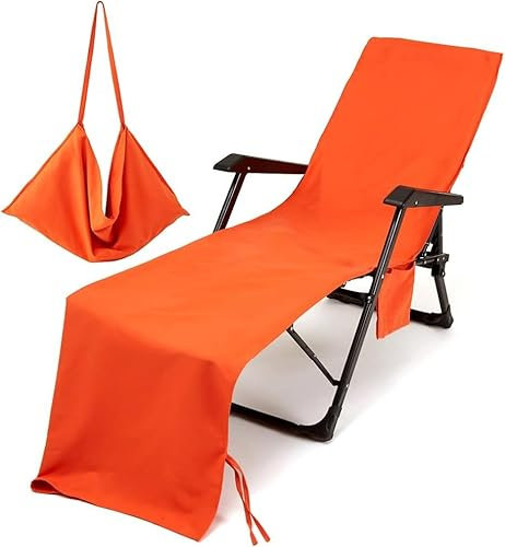 YeGang Orange Microfiber Beach Chair Cover Towel with Side Pocket and Elastic Strap, Fits Most Lounges, Easy to Carry and Clean