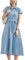 Jeanskleid Damen Sommer Kurzarm Blusenkleid Elegantes A-Linie Hemdkleid Sommerkleid mit Taschen Knopfleiste Hellblau M