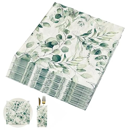 Eucalyptus Napkins, 60 Pcs 3-Ply Paper napkins disposable Serviettes, Green Leaves Eucalyptus Leaf Party Tissue for Guest Towels, Garden Wedding Party Celebrations Anniversaries Birthday