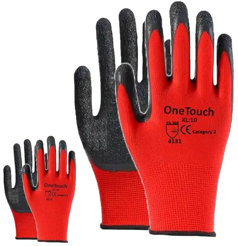 A406 Red Safety Work Gloves, 12 Pairs, Red Latex Coated, Anti-Slip, Breathable, Crinkle Finish, Large & X-Large (X-Large-10)
