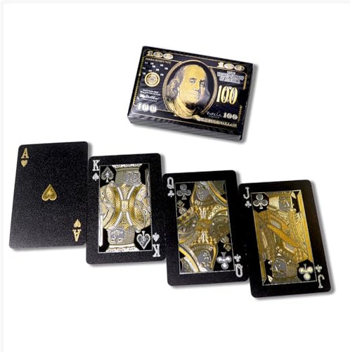 DIUDIU CAT Schwarze Spielkarten mit Goldfolie - Wasserdichtes Dollar Muster Deck, Perfekt für Zaubertricks & Partys (Schwarz)