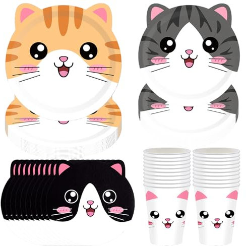 Graziose stoviglie per feste di compleanno per bambini, 60 pezzi, include piatti di carta per gatti, bicchieri di carta e tovaglioli per gatti, adatti per 20 feste di compleanno per bambini
