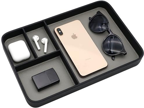 PU Leather Valet Tray, Stylish and Organized Entryway Bedside Desk tray, EDC Catchall Tray for Phone Keys Watch Wallet Jewelry (Black)