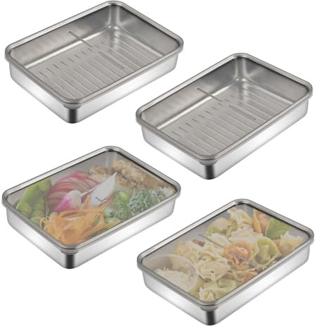 Dokeno 4 piezas Plato Cuadrado Con Tapa, Acero Inoxidable Snack Box, Bandeja De Comida, Caja de Conservación de Alimentos, Caja Salsa Con Tapa, Bandeja Engrosada Reutilizable para Carne, Queso