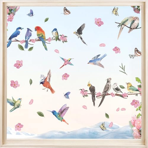 Fensterbilder Frühling – Fensterbilder Frühling Selbstklebend Fenstersticker mit Blumen, Schmetterlingen & Vögeln, Frühlingsdeko für Kinderzimmer, Fensterbilder Kinder, Sommer Fensteraufkleber