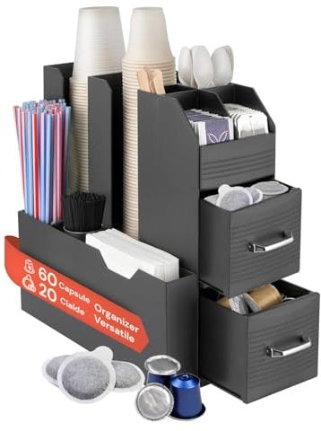 Avilia Portacapsule 9 Scomparti e 2 Cassetti - Fino a 60 Capsule e 20 Cialde - Porta cialde caffe - Salvaspazio, Multiuso, Pratico - 13,9x31x28,7cm - Ideale per Cucina, Ufficio o Soggiorno - Nero