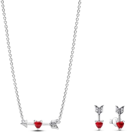 PANDORA Damen Schmuck-Set Halskette und Ohrringe Pfeil und Herz Silber Romantische Geschenkidee, Herz-Schmuck für Frauen mit Kette und Ohrsteckern 28128