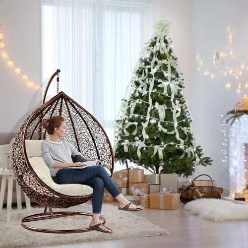 GadgetHaven Egg Chair - Outdoor Hanging Chair with Weather-Resistant Rattan, Thick Cushion & Steel Frame - Modern Patio Furniture for Garden, Balcony & Poolside (Brown Egg Chair & White Cushion)
