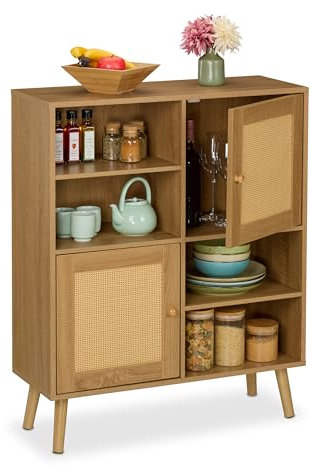 Relaxdays Aparador, Mueble Auxiliar, 2 Puertas Estilo Ratán, 4 Cajones Abiertos y Dos de Armario, 97x80x25 cm, Natural, Plástico, Tablero de Fibras, Madera