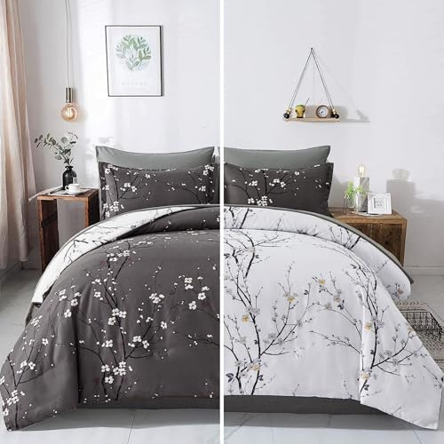 Freyamy Bettwäsche 200x220 Blumen Anthrazit Floral Zweige Bettwäsche Set | Mädchen Wendebettwäsche Aesthetic, 3teilig, Microfaser ÖKO-TEX Bettbezug mit Reißverschluss und 2 Kissenbezug 80x80cm